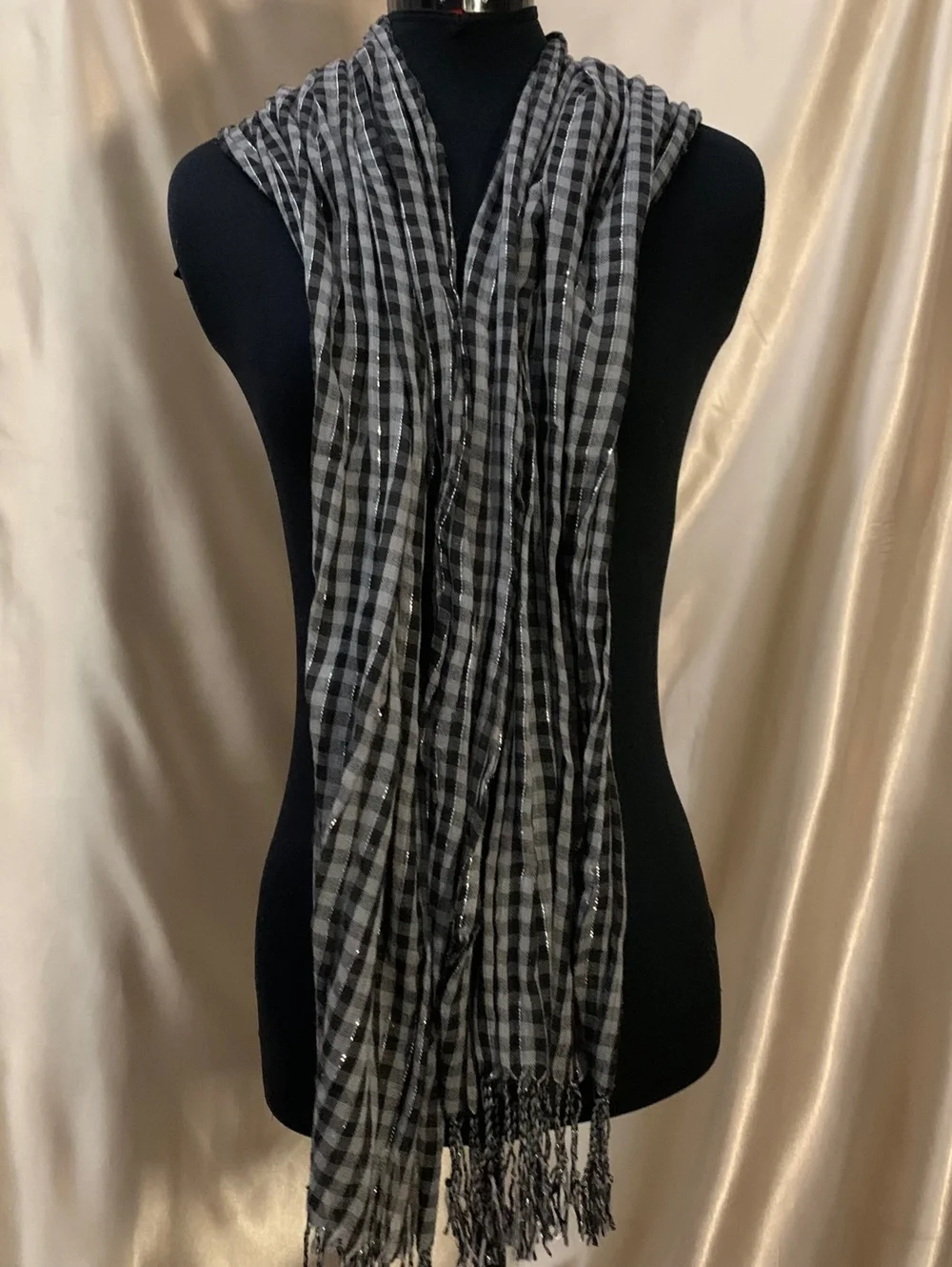 Black Gray Checkered Gingham Plaid Scarf Silver Metallic Stripe Fringe Emo